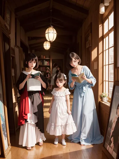 multiple girls, 3girls,books,short hair,:d
4K image of a woman, her hair resembling an artist's palette, eyes reflecting creativity. Dressed in a gown made from woven color splashes, she's in a vibrant studio where brushes paint themselves. The scene, under the warm studio light, captured in the style of a Picasso painting.
<lora:tw:0.7>
masterpiece, best quality, official art,