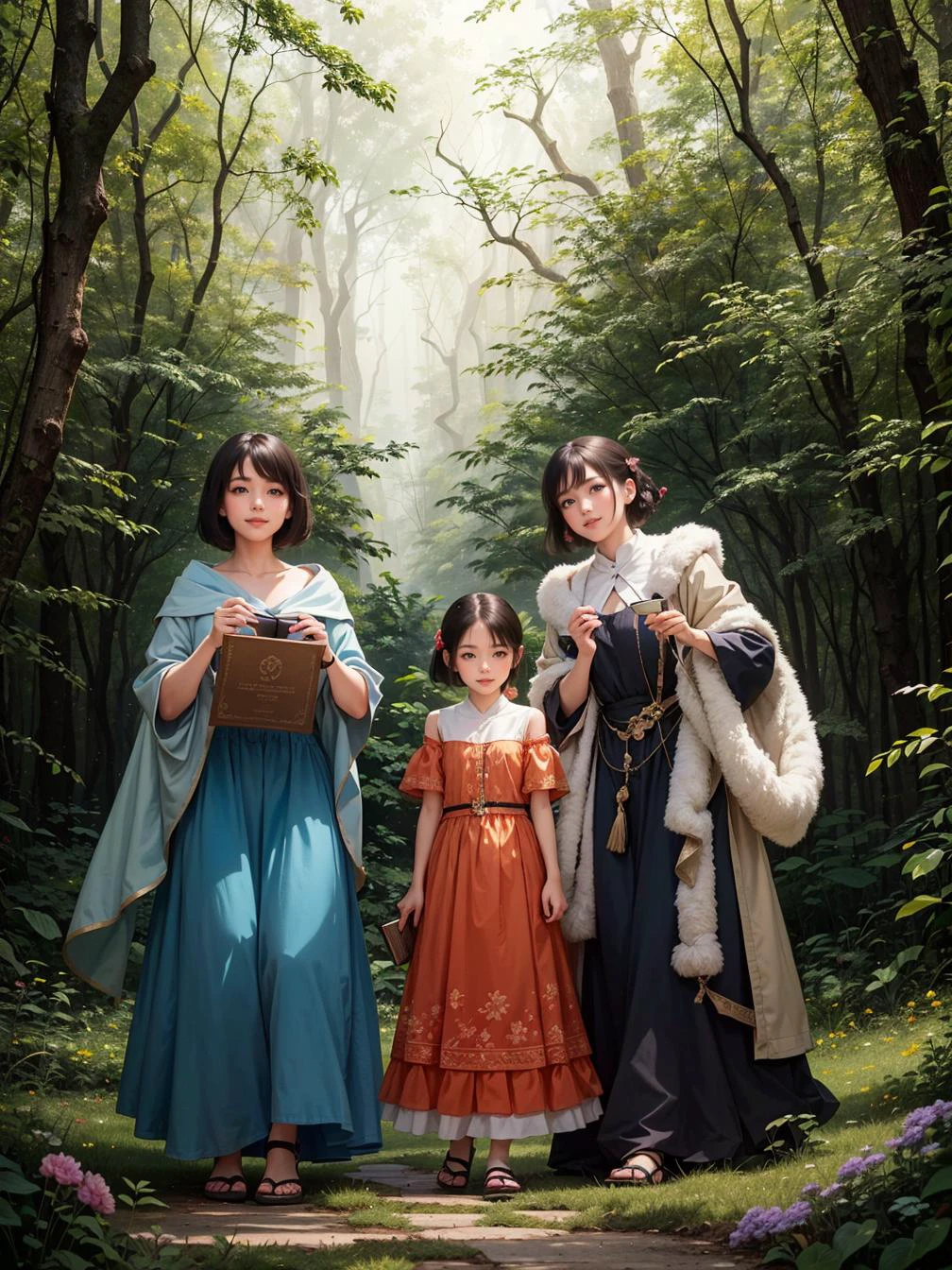 multiple girls, 3girls,books,short hair,:d smile
4K image, a woman, her hair styled like an enchanting forest canopy, eyes sparkling with magic. Dressed in a gown crafted from woven leaves and flowers, she stands in a whimsical fairy forest where woodland creatures gather. The scene, under the soft glow of fairy lights, depicted in the style of a magical woodland painting.
<lora:tw:0.6>
masterpiece, best quality, official art,