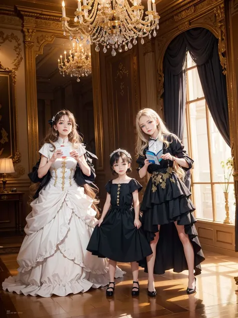 multiple girls, 3girls,books,:d smile,Masterpiece, best quality, high quality, extremely detailed 8K resolution, a beautiful lady with long, wavy chestnut hair adorned with a delicate silver tiara, emerald green eyes, dressed in a royal blue gown with intricate silver embroidery, in a grand ballroom filled with crystal chandeliers and elegant dancers, under the soft, golden glow of the chandeliers, a style reminiscent of the romantic era, inspired by the photography of Annie Leibovitz, digital painting, realism, vibrant color palette, trending on ArtStation, trending on CGSociety, Intricate, High Detail, dramatic, art by midjourney.,
<lora:tw:1>
