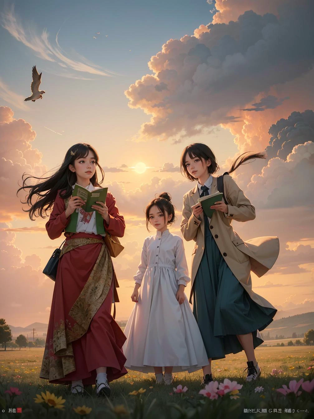multiple girls, 3girls,books,short hair,Smirk
4K image of a woman, her hair resembling a bird's nest with chirping birds, eyes radiating warmth. Dressed in a gown made from woven feathers, she's in a meadow where flowers dance to the wind's tune. The scene, under the golden sunrise, captured in the style of a classic Disney animation.
<lora:tw:0.7>
masterpiece, best quality, official art,