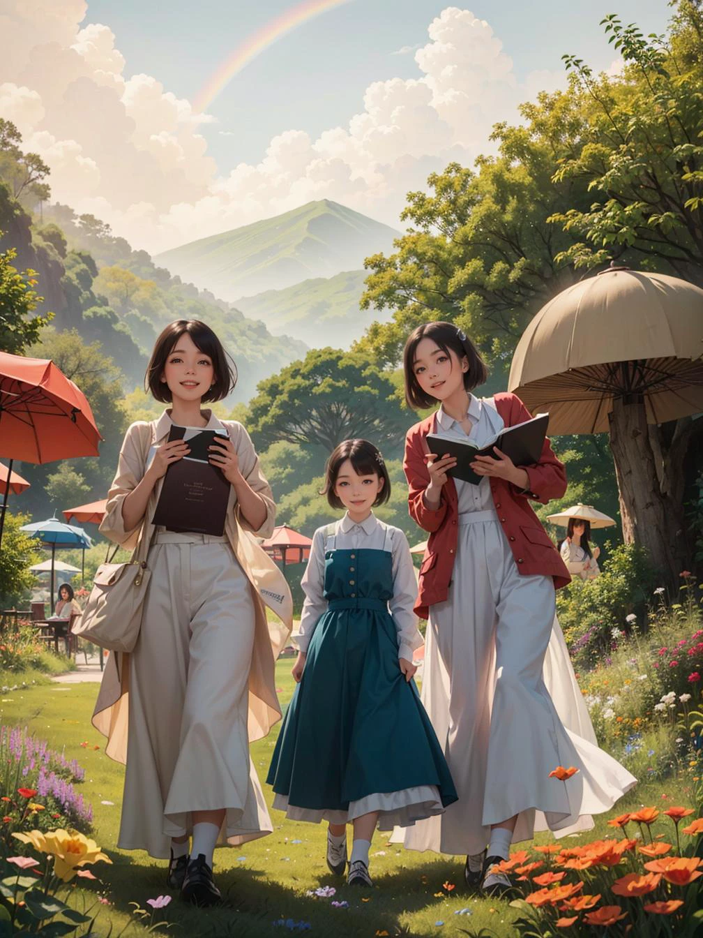 multiple girls, 3girls,books,short hair,laughing smile
A whimsical woman with flowing, multi-colored locks that resemble a mesmerizing rainbow. Her eyes shine with a playful sparkle. She stands amidst a vibrant meadow, where oversized mushrooms and flowers create a whimsical landscape, inviting exploration and joyous adventures.
<lora:tw:0.6>
masterpiece, best quality, official art,