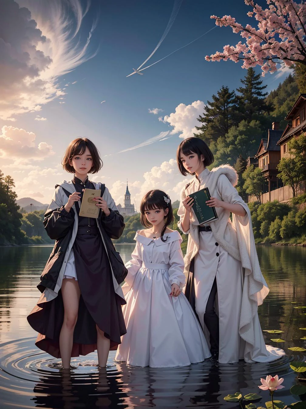 multiple girls, 3girls,books,short hair,:d
An enchanting woman with flowing, lavender-hued locks that appear to emit a gentle glow. Her eyes are a mesmerizing shade of lilac. She stands amidst a serene, enchanted lake, where luminescent water lilies bloom, and ethereal beings gracefully glide across the water's surface.
<lora:tw:0.7>
masterpiece, best quality, official art,