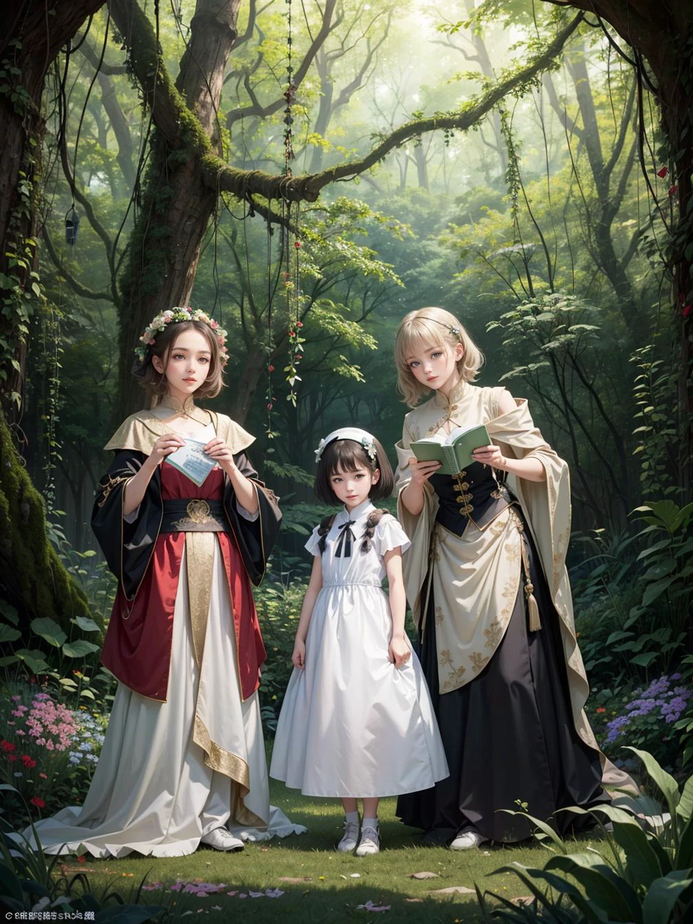 multiple girls, 3girls,books,short hair,:d
An enchanting woman with flowing, emerald-green hair adorned with delicate woodland flowers. Her eyes are a deep forest green, mirroring the serenity of her surroundings. She stands in a magical grove, where ancient trees are intertwined with glowing vines, creating a sanctuary for mythical creatures and spirits.
<lora:tw:0.7>
masterpiece, best quality, official art,