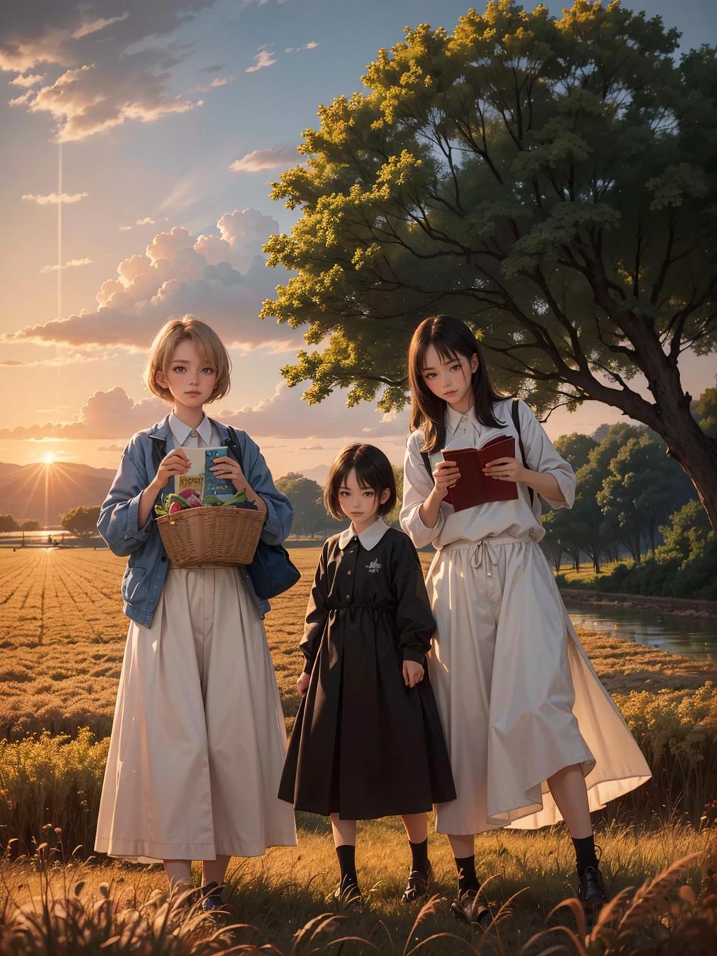 multiple girls, 3girls,books,short hair,smug
Ultra-HD image of a woman, her hair flowing like a field of golden wheat, eyes reflecting the warmth of the sun. Wearing a dress made from woven harvest grains, she stands in a bountiful farm where crops grow abundantly. The scene, under the golden rays of the setting sun, captured in the style of a pastoral painting.
<lora:tw:0.7>
masterpiece, best quality, official art,