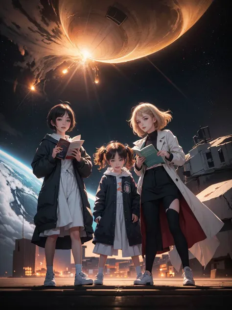 multiple girls, 3girls,books,short hair,laughing
High-definition image of a woman, her hair adorned with twinkling stars, eyes reflecting the cosmos. Clothed in a gown woven from the galaxy, she's in a space station overlooking a nebula where stars are born. The scene, illuminated by a supernova, is depicted in the style of a science fiction illustration.
<lora:tw:0.7>
masterpiece, best quality, official art,