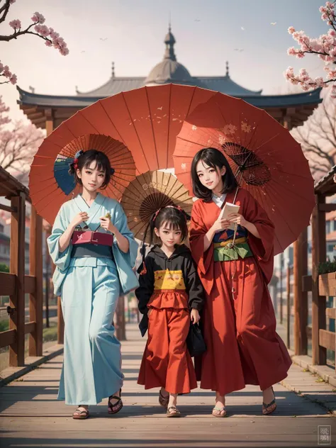 multiple girls, 3girls,books,grin smile smile,Masterpiece, best quality, high quality, extremely detailed 8K resolution, a beautiful lady with long, straight black hair adorned with a delicate gold headpiece, deep brown eyes, dressed in a traditional Japanese kimono with intricate cherry blossom embroidery, in a serene Japanese garden filled with blooming cherry blossom trees and tranquil koi ponds, under the soft, pink glow of the setting sun, a style reminiscent of the ukiyo-e era, inspired by the paintings of Katsushika Hokusai, digital painting, ukiyo-e, pastel color palette, trending on DeviantArt, trending on Behance, Intricate, High Detail, dramatic, art by midjourney.,
<lora:tw:1>