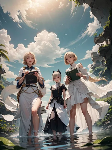 multiple girls, 3girls,books,short hair,Simper smile
An ethereal woman with silvery-white hair, braided intricately and adorned with delicate crystals. Her iridescent eyes shimmer with ever-changing colors. She floats gracefully among floating islands suspended in the sky, where fantastical creatures and mythical plants thrive in harmony.
<lora:tw:0.6>
masterpiece, best quality, official art,