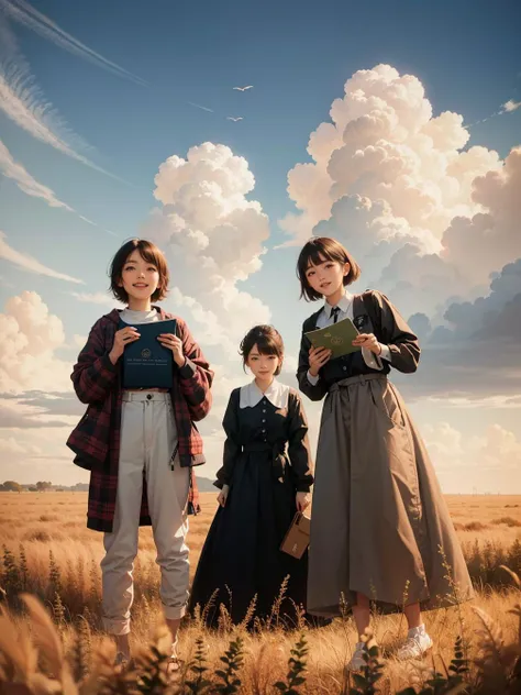 multiple girls, 3girls,books,short hair,Giggle smile
8K image, a woman, her hair resembling a field of wheat, eyes sparkling like amber. Clad in a gown crafted from woven wheat stalks, she stands in a golden wheat field where grain stalks sing melodies. The scene, under the warm autumn sun, depicted in the style of a Van Gogh painting.
<lora:tw:0.6>
masterpiece, best quality, official art,