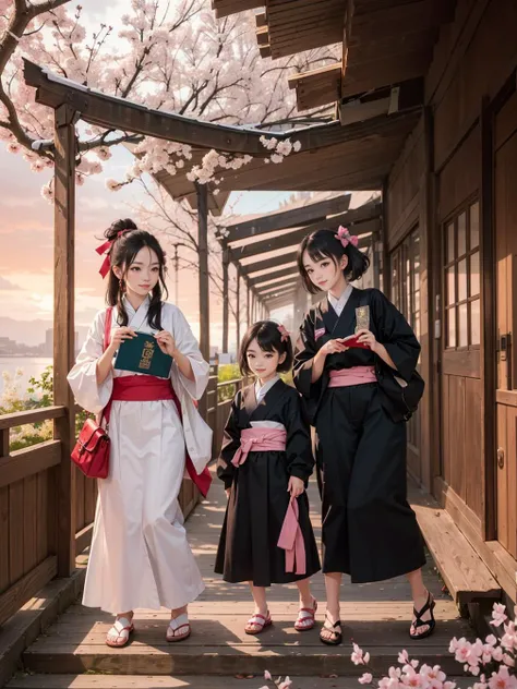 multiple girls, 3girls,books,excited smile,Masterpiece, best quality, high quality, extremely detailed 8K resolution, a beautiful lady with long, straight black hair adorned with a delicate gold headpiece, deep brown eyes, dressed in a traditional Japanese kimono with intricate cherry blossom embroidery, in a serene Japanese garden filled with blooming cherry blossom trees and tranquil koi ponds, under the soft, pink glow of the setting sun, a style reminiscent of the ukiyo-e era, inspired by the paintings of Katsushika Hokusai, digital painting, ukiyo-e, pastel color palette, trending on DeviantArt, trending on Behance, Intricate, High Detail, dramatic, art by midjourney.,
<lora:tw:1>