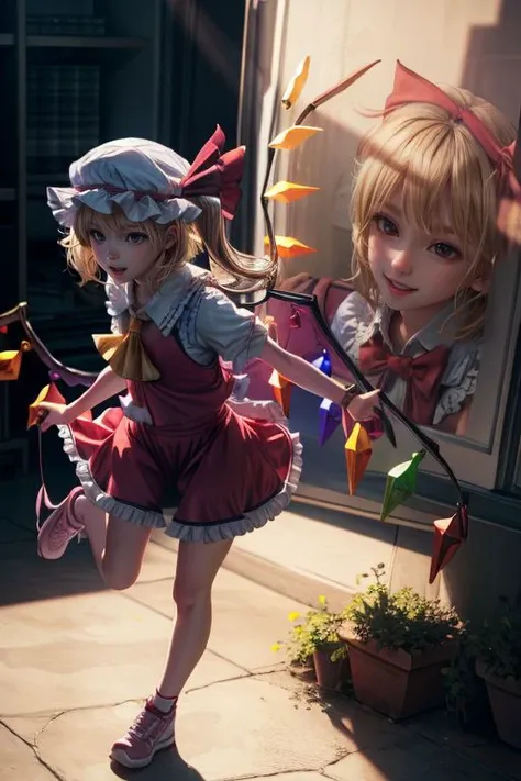 <lora:add_detail:1> <lora:copax_charm_eu:0.0>
(photorealistic,masterpiece, best quality, ray tracing, volumetric lighting, ssao shadows, detailed, intricate, colorful),
face happy, full body,
flandre scarlet,1girl,blonde hair,mob cap,hair bow,bowtie,side ponytail,wings,short sleeves,vest,ascot
<lora:flandre:1>