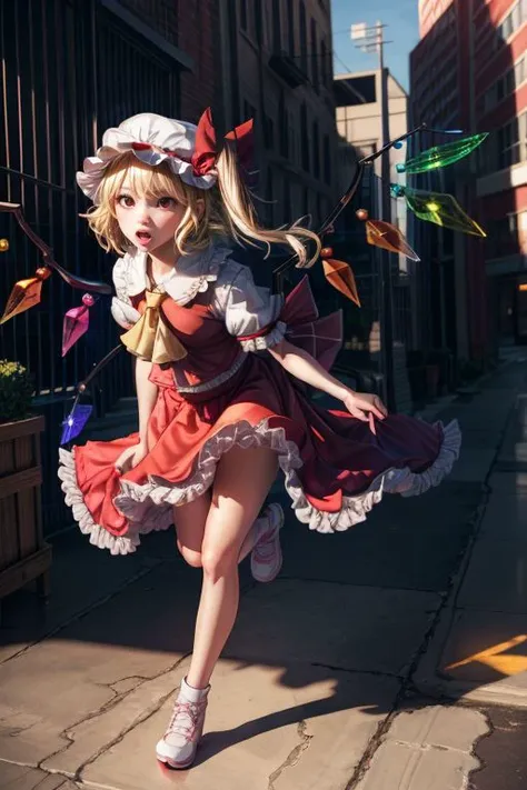 <lora:add_detail:1> <lora:copax_charm_eu:0.0>
(photorealistic,masterpiece, best quality, ray tracing, volumetric lighting, ssao shadows, detailed, intricate, colorful),
face surprised, full body,
flandre scarlet,1girl,blonde hair,mob cap,hair bow,bowtie,side ponytail,wings,short sleeves,vest,ascot
<lora:flandre:1>
