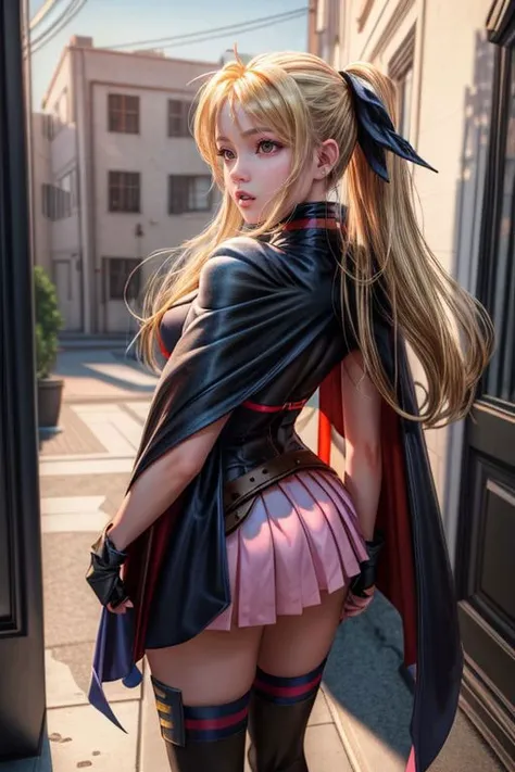 <lora:add_detail:1> <lora:copax_charm_eu:0.0>
(photorealistic,masterpiece, best quality, ray tracing, volumetric lighting, ssao shadows, detailed, intricate, colorful),
face surprised, from back,
1girl,blonde,brown eyes,cape,belt,miniskirt,pink skirt,thighhighs
<lora:fate testarossa:1>
