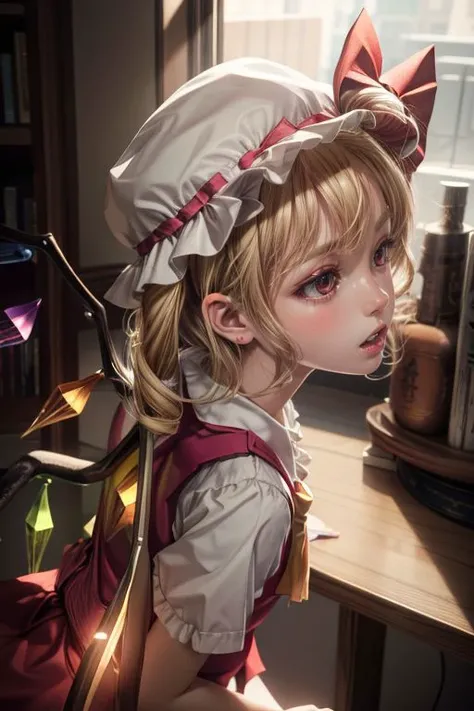 <lora:add_detail:1> <lora:copax_charm_eu:0.0>
(photorealistic,masterpiece, best quality, ray tracing, volumetric lighting, ssao shadows, detailed, intricate, colorful),
face surprised, from back,
flandre scarlet,1girl,blonde hair,mob cap,hair bow,bowtie,side ponytail,wings,short sleeves,vest,ascot
<lora:flandre:1>