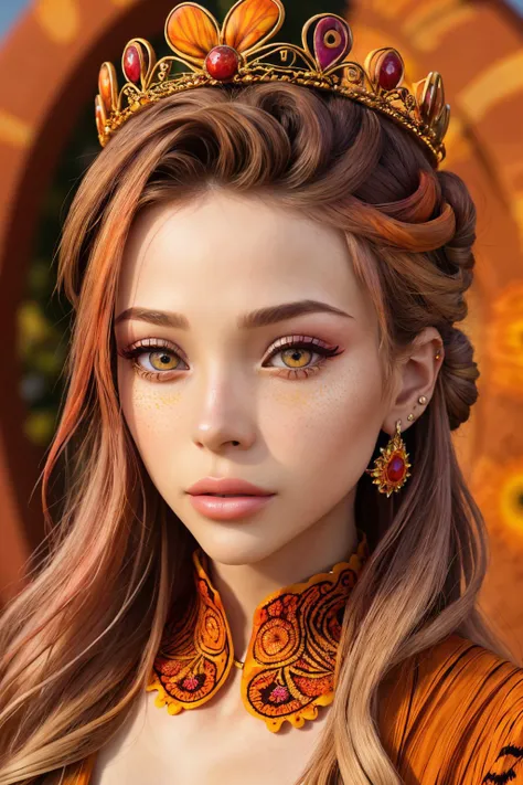 psychedelic version of, vibrant, kaleidoscopic, surreal, detailed <lora:NatalieLevin_v1-000038:1> NatalieLevin, focus on eyes, close up on face, wearing jewelry, Persimmon color hair styled crown bun