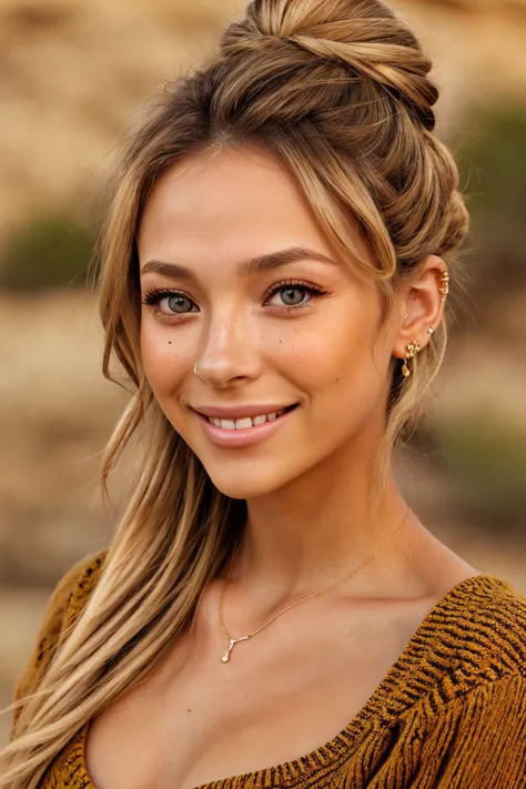 <lora:NatalieLevin_v1:1> NatalieLevin, focus on eyes, close up on face, smiling, wearing jewelry, color tuscan sun hair styled high bun