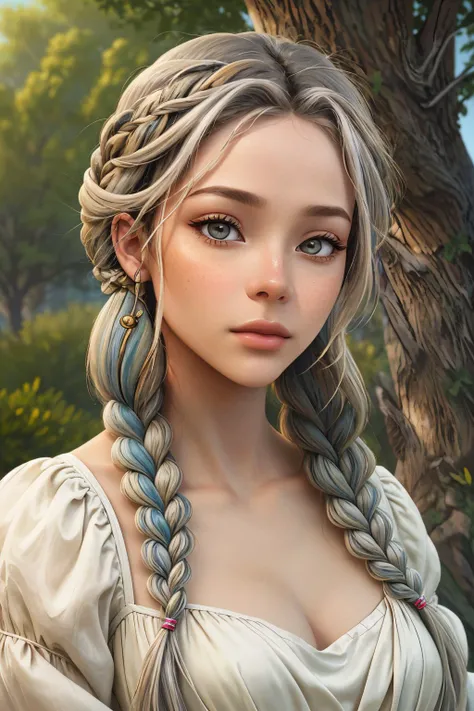 symbolist interpretation of, allegorical, detailed, mysterious portrait <lora:NatalieLevin_v1-000038:1> NatalieLevin, focus on face, wearing conservative clothing , her greige color hair is styled as tree braids,