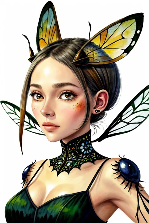 an extremely detailed, intricate watercolor painting of <lora:NatalieLevin_v1:.9> NatalieLevin with ant antenna on her head, she has multifaceted eyes, she has insect wings for ears