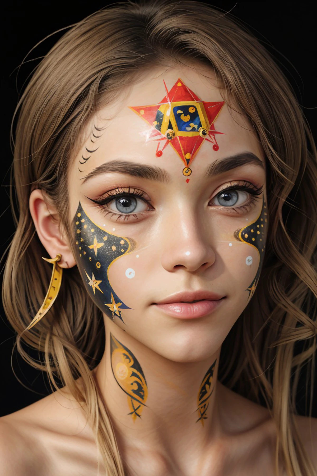 realistic photo of <lora:NatalieLevin_v1:.9> NatalieLevin, close up on face, focus on eyes, (astrology face paint:1.2)