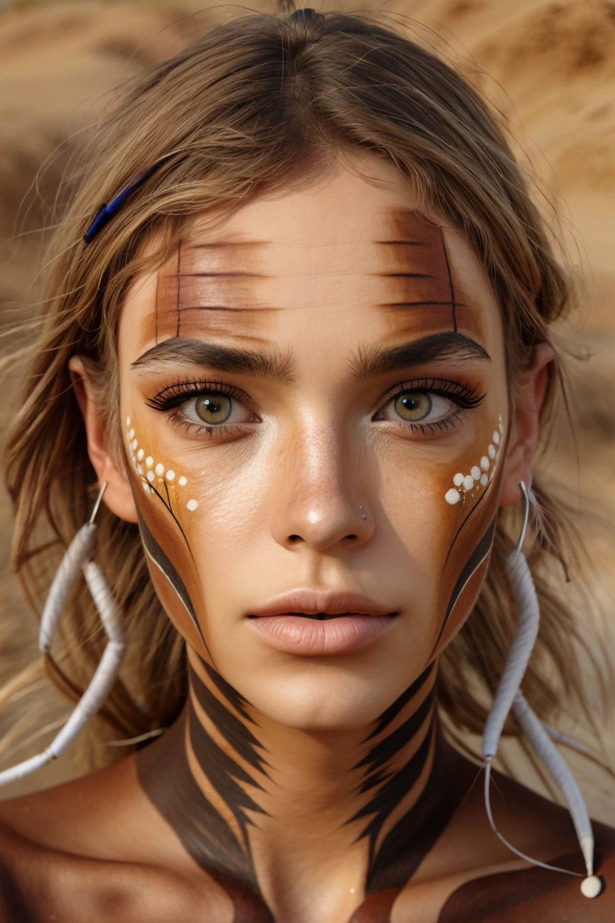 realistic photo of <lora:NatalieLevin_v1:.9> NatalieLevin, close up on face, focus on eyes, (desert face paint:1.2)