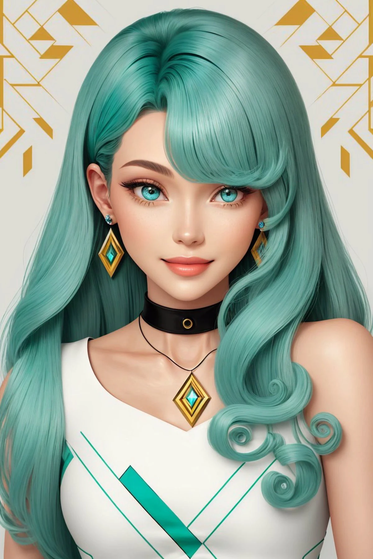 (deco style, geometric, modern, sleek, highly detailed:1.15), <lora:NatalieLevin_v1:.9> NatalieLevin, focus on eyes, close up on face, grinning, wearing jewelry, light aqua hair styled curly lob,