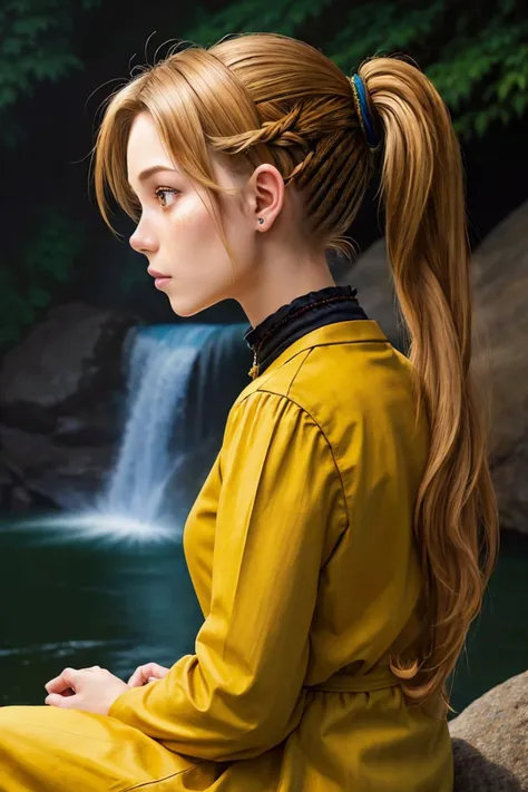 (crypto art style, digital, vibrant, blockchain, detailed:1.3) (eye level, closeup on face:1.2) <lora:NatalieLevin_v1:.9> NatalieLevin, from behind,4:: she is wearing halterneck , her hair is styled as fishtail braid ponytail, BREAK she is (sitting on a rock near a waterfall:1.1), high key brightly lit, Ektar 100 ,Voigtlnder Nokton 50mm f1.1 , in the style of Paul Barson