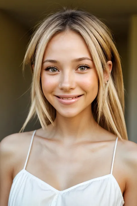 (best quality), 1girl, female, sun kissed skin, blonde hair, medium hair, swept bangs, pink streaked hair, brown eyes, perfect eyes, freckles, , slender, smile, small bust, masterpiece, anatomically correct, highres
