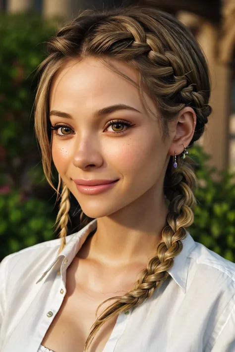photorealistic rendering of, detailed, realistic, high definition <lora:NatalieLevin_v1-000038:1> NatalieLevin, focus on eyes, close up on face, grinning, hair styled pixie braids hair