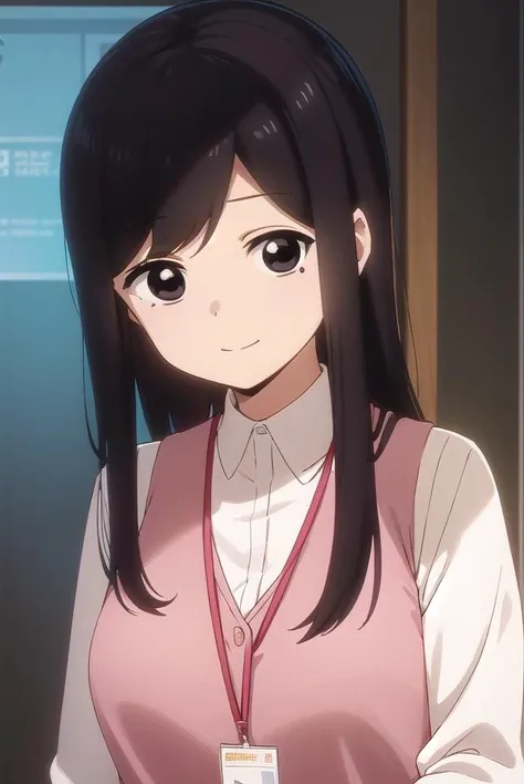 toukosakurai, <lora:touko sakurai s1-lora-nochekaiser:1>,
touko sakurai, black hair, (black eyes:1.5), sidelocks, medium hair, mole, mole under eye, (swept bangs:1.5), smile,
BREAK shirt, long sleeves, collared shirt, pants, vest, office lady, id card, lanyard, (pink vest:1.2),
BREAK indoors, office,
BREAK looking at viewer, (cowboy shot:1.5),
BREAK <lyco:GoodHands-beta2:1>, (masterpiece:1.2), best quality, high resolution, unity 8k wallpaper, (illustration:0.8), (beautiful detailed eyes:1.6), extremely detailed face, perfect lighting, extremely detailed CG, (perfect hands, perfect anatomy),