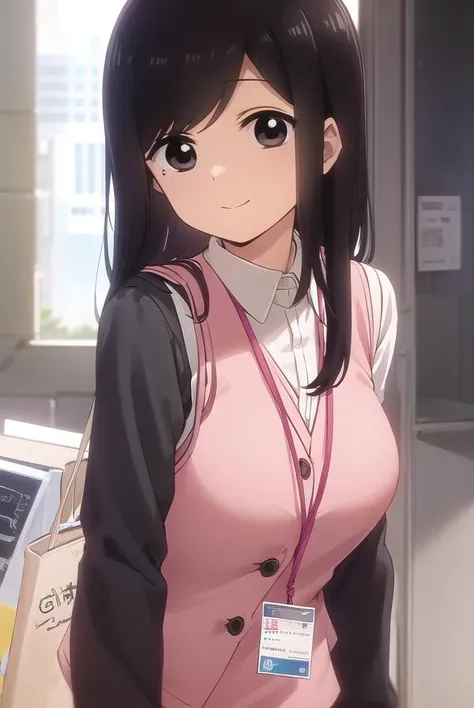 toukosakurai, <lora:touko sakurai s1-lora-nochekaiser:1>,
touko sakurai, black hair, (black eyes:1.5), sidelocks, medium hair, mole, mole under eye, (swept bangs:1.5), smile,
BREAK shirt, long sleeves, collared shirt, pants, vest, office lady, id card, lanyard, (pink vest:1.2),
BREAK indoors, office,
BREAK looking at viewer, (cowboy shot:1.5),
BREAK <lyco:GoodHands-beta2:1>, (masterpiece:1.2), best quality, high resolution, unity 8k wallpaper, (illustration:0.8), (beautiful detailed eyes:1.6), extremely detailed face, perfect lighting, extremely detailed CG, (perfect hands, perfect anatomy),