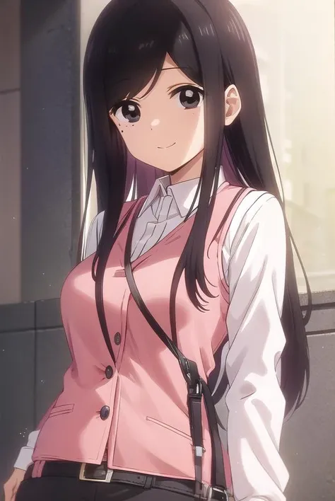 toukosakurai, <lora:touko sakurai s1-lora-nochekaiser:1>,
touko sakurai, black hair, (black eyes:1.5), sidelocks, medium hair, mole, mole under eye, (swept bangs:1.5), smile,
BREAK shirt, long sleeves, collared shirt, pants, vest, office lady, id card, lanyard, (pink vest:1.2),
BREAK indoors, office,
BREAK looking at viewer, (cowboy shot:1.5),
BREAK <lyco:GoodHands-beta2:1>, (masterpiece:1.2), best quality, high resolution, unity 8k wallpaper, (illustration:0.8), (beautiful detailed eyes:1.6), extremely detailed face, perfect lighting, extremely detailed CG, (perfect hands, perfect anatomy),