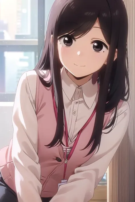 toukosakurai, <lora:touko sakurai s1-lora-nochekaiser:1>,
touko sakurai, black hair, (black eyes:1.5), sidelocks, medium hair, mole, mole under eye, (swept bangs:1.5), smile,
BREAK shirt, long sleeves, collared shirt, pants, vest, office lady, id card, lanyard, (pink vest:1.2),
BREAK indoors, office,
BREAK looking at viewer, (cowboy shot:1.5),
BREAK <lyco:GoodHands-beta2:1>, (masterpiece:1.2), best quality, high resolution, unity 8k wallpaper, (illustration:0.8), (beautiful detailed eyes:1.6), extremely detailed face, perfect lighting, extremely detailed CG, (perfect hands, perfect anatomy),