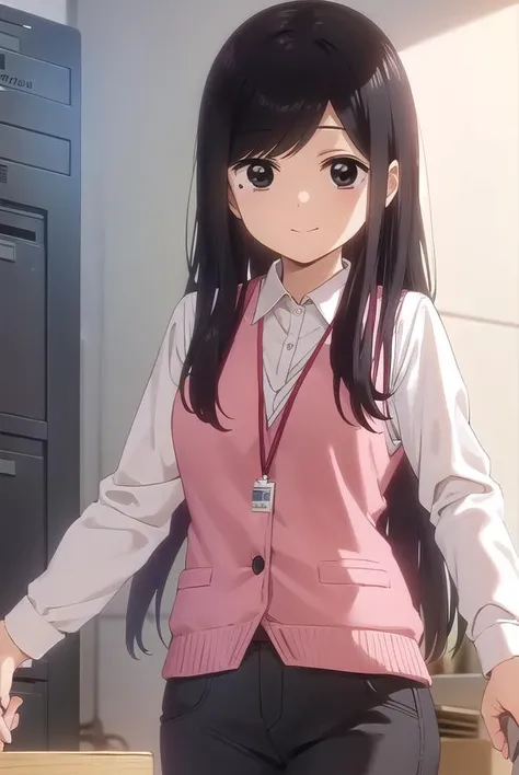 toukosakurai, <lora:touko sakurai s1-lora-nochekaiser:1>,
touko sakurai, black hair, (black eyes:1.5), sidelocks, medium hair, mole, mole under eye, (swept bangs:1.5), smile,
BREAK shirt, long sleeves, collared shirt, pants, vest, office lady, id card, lanyard, (pink vest:1.2),
BREAK indoors, office,
BREAK looking at viewer, (cowboy shot:1.5),
BREAK <lyco:GoodHands-beta2:1>, (masterpiece:1.2), best quality, high resolution, unity 8k wallpaper, (illustration:0.8), (beautiful detailed eyes:1.6), extremely detailed face, perfect lighting, extremely detailed CG, (perfect hands, perfect anatomy),