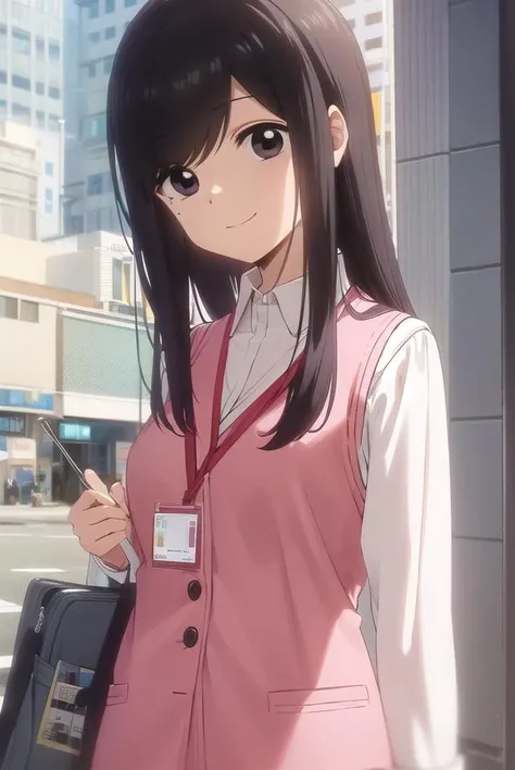 toukosakurai, <lora:touko sakurai s1-lora-nochekaiser:1>,
touko sakurai, black hair, (black eyes:1.5), sidelocks, medium hair, mole, mole under eye, (swept bangs:1.5), smile,
BREAK shirt, long sleeves, collared shirt, pants, vest, office lady, id card, lanyard, (pink vest:1.2),
BREAK indoors, office,
BREAK looking at viewer, (cowboy shot:1.5),
BREAK <lyco:GoodHands-beta2:1>, (masterpiece:1.2), best quality, high resolution, unity 8k wallpaper, (illustration:0.8), (beautiful detailed eyes:1.6), extremely detailed face, perfect lighting, extremely detailed CG, (perfect hands, perfect anatomy),