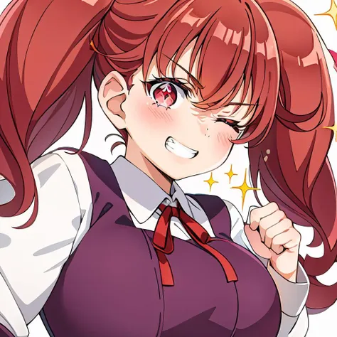 <lora:sakuraba_koma-v2:0.8>1girl, sakuraba koma, large breasts, grin, one eye closed, (looking at viewer:1.2), school uniform, portrait, close-up, pinafore dress, red ribbon, long sleeves, white collared shirt, (sparkle, effect:1.4),white background