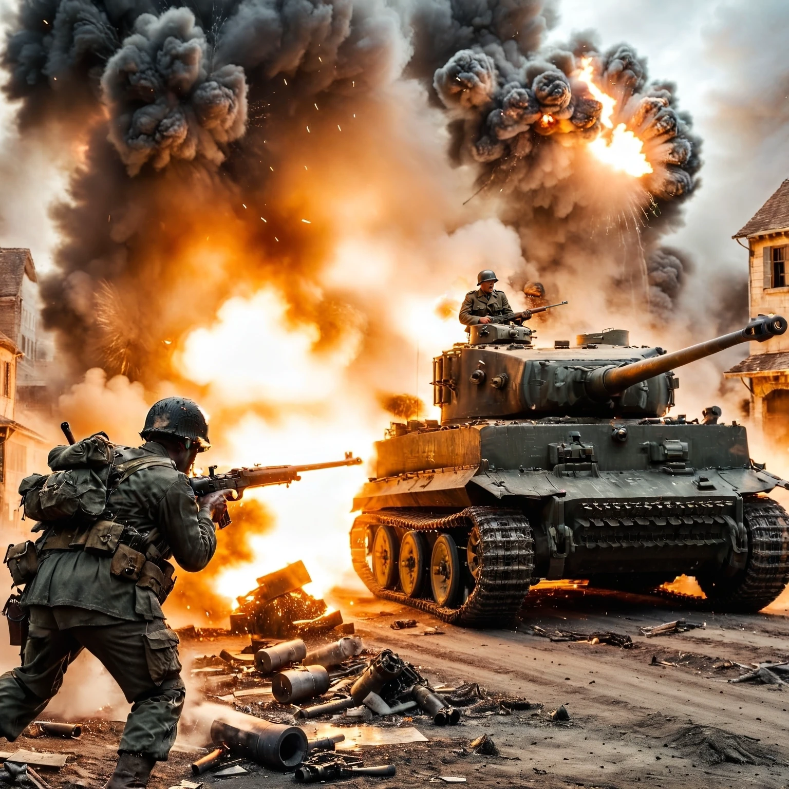 a cinematic ww2 style shot of german soldiers shooting their rifles, fighting a big (tgrtnk) tank driving and smoking, war scene with explosions and smoke in background, bosstyle, 8k, UHD, DSLR, insane details, film grain, award-winning photo, <lora:XL_Boss_Battle_-_By_HailoKnightV2:1>, <lora:Cinematic ww2 style:0.5>, <lora:Tiger_Tank_SDXL:0.6>, <lora:detailed_notrigger:0.5>, <lora:Action_Films_XL_V1:0.5>, action films
