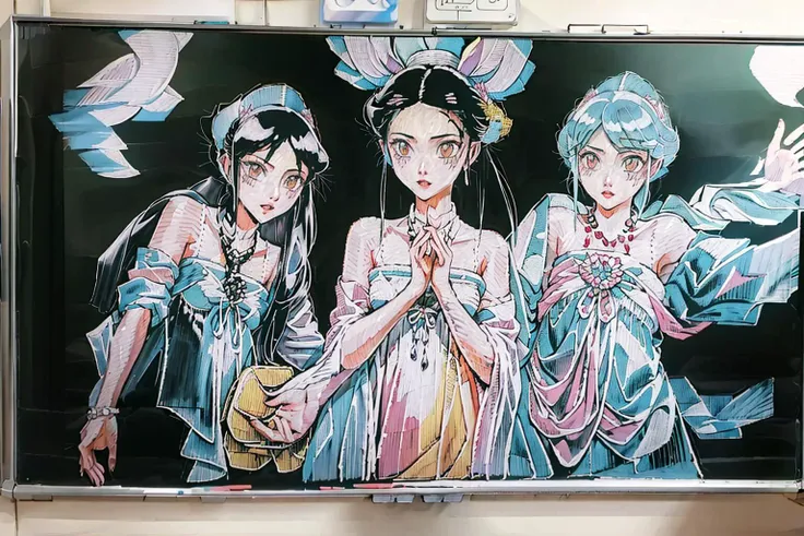 masterpiece, best quality, <lora:blackboard:1>, <lora:hanfuTang31:0.5>,chalkboard, traditional media,multiple girls, 3girls,full body