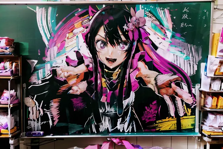 masterpiece, best quality,<lora:blackboard:1>,chalkboard,1girl,pink dress,hair,hair ornament,symbol-shaped pupils,full body,simple background,