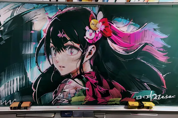 masterpiece, best quality,<lora:blackboard:1>,chalkboard,1girl,pink dress,hair,hair ornament,symbol-shaped pupils,simple background,