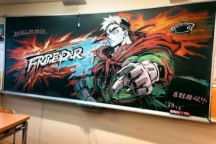 masterpiece, best quality,<lora:blackboard:1>,chalkboard, 1boy,street fighter,