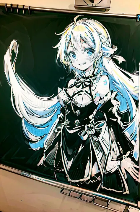 <lora:blackboard:1> chalkboard, monochrome, traditional media, chalk outline,, absurdres, ultra detailed, masterpiece, best quality, aesthetic, detailed,, solo, soft smile, light smile,
katya1, 1girl, blue eyes, very long hair, blonde hair, long blonde hair, french braid, bangs, medium breasts,, hair ribbon, frilled choker, criss-cross halter, sleeveless dress, high-waist skirt, backless dress, waist bow, detached sleeves, frilled sleeves, wide sleeves, pantyhose, patterned legwear, mary janes,