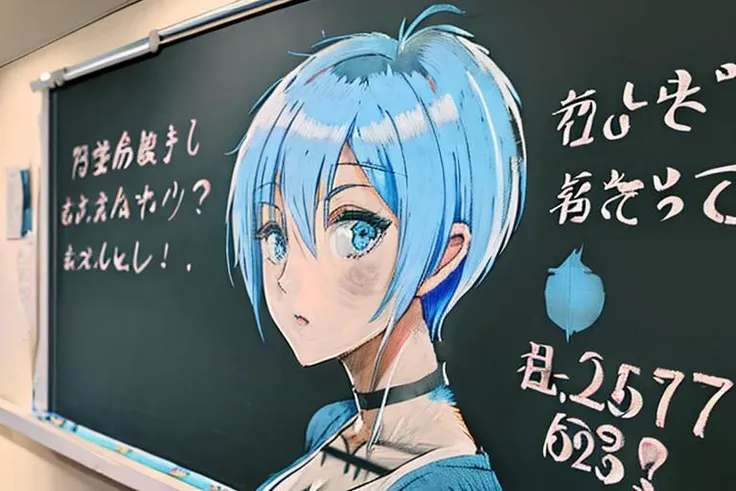 <lora:blackboard:1>, 1girl, blue hair, medium breast, short hair, chalkboard