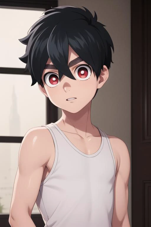 masterpiece, best quality, high quality, 1boy, solo, male focus, looking at viewer, upper body, <lora:kabane_kusaka:0.64>, kabane_kusaka, black hair, red eyes, hair between eyes, , tank top