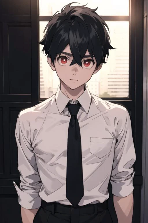 masterpiece, best quality, high quality, 1boy, solo, male focus, looking at viewer, upper body, <lora:kabane_kusaka:0.54>, kabane_kusaka, black hair, red eyes, hair between eyes, , formal, necktie, dress shirt