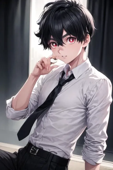 masterpiece, best quality, high quality, 1boy, solo, male focus, looking at viewer, upper body, <lora:kabane_kusaka:0.78>, kabane_kusaka, black hair, red eyes, hair between eyes, , formal, necktie, dress shirt