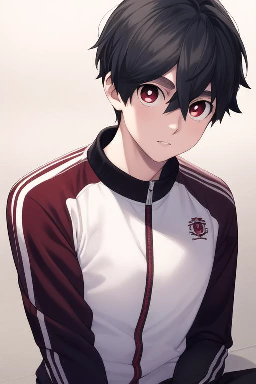 masterpiece, best quality, high quality, 1boy, solo, male focus, looking at viewer, upper body, <lora:kabane_kusaka:0.68>, kabane_kusaka, black hair, red eyes, hair between eyes, realistic, track suit