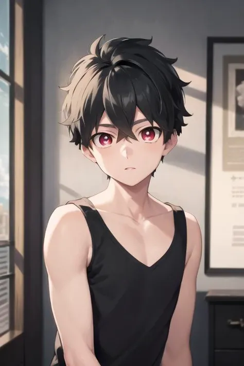 masterpiece, best quality, high quality, 1boy, solo, male focus, looking at viewer, upper body, <lora:kabane_kusaka:0.52>, kabane_kusaka, black hair, red eyes, hair between eyes, , tank top