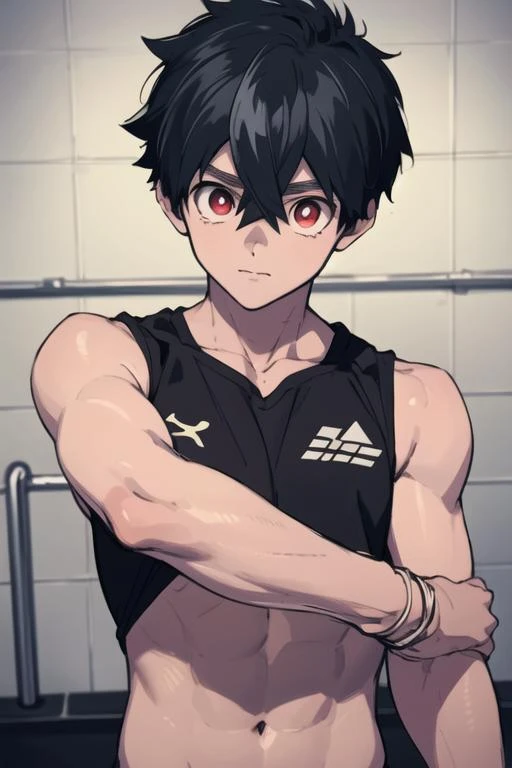 masterpiece, best quality, high quality, 1boy, solo, male focus, looking at viewer, upper body, <lora:kabane_kusaka:0.68>, kabane_kusaka, black hair, red eyes, hair between eyes, , sportswear