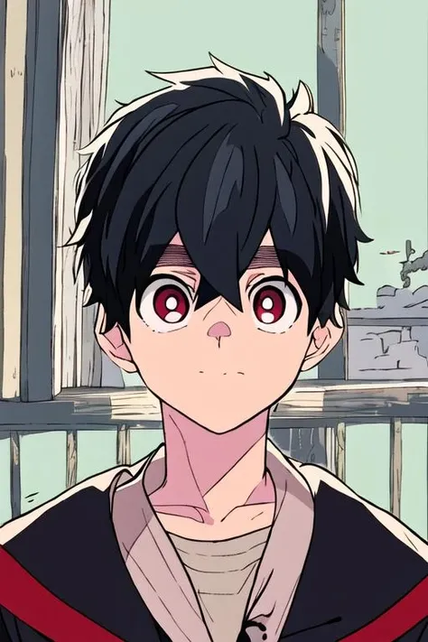 masterpiece, best quality, high quality, 1boy, solo, male focus, looking at viewer, upper body, <lora:kabane_kusaka:0.78>, kabane_kusaka, black hair, red eyes, hair between eyes, , school uniform