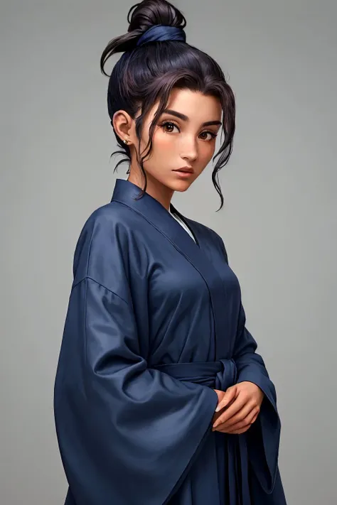 upper body photo of <lora:AdrianaCallori_v1:.9> AdrianaCallori, focus on face, wearing a mage robe , her medium slate blue color hair is styled as top knot ponytail,