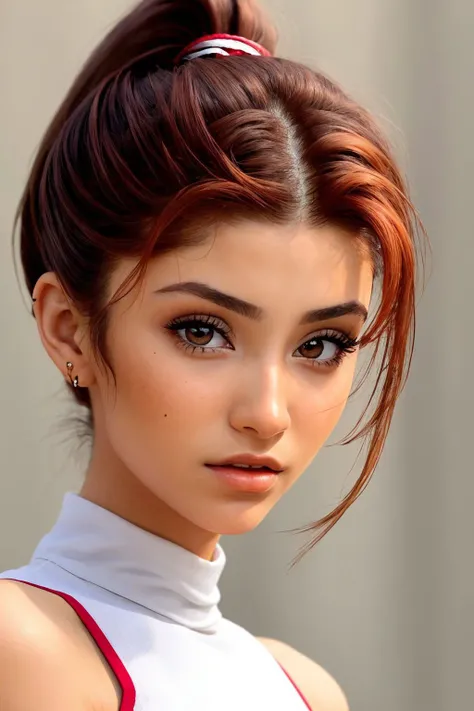 <lora:AdrianaCallori_v1:.9> AdrianaCallori, focus on eyes, close up on face, Henna color hair styled sleek ponytail